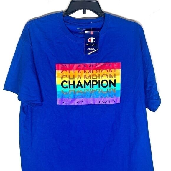 Champion Mens 100% Cotton Logo T-Shirt blue, rainbow Size X-Large - Picture 2 of 4
